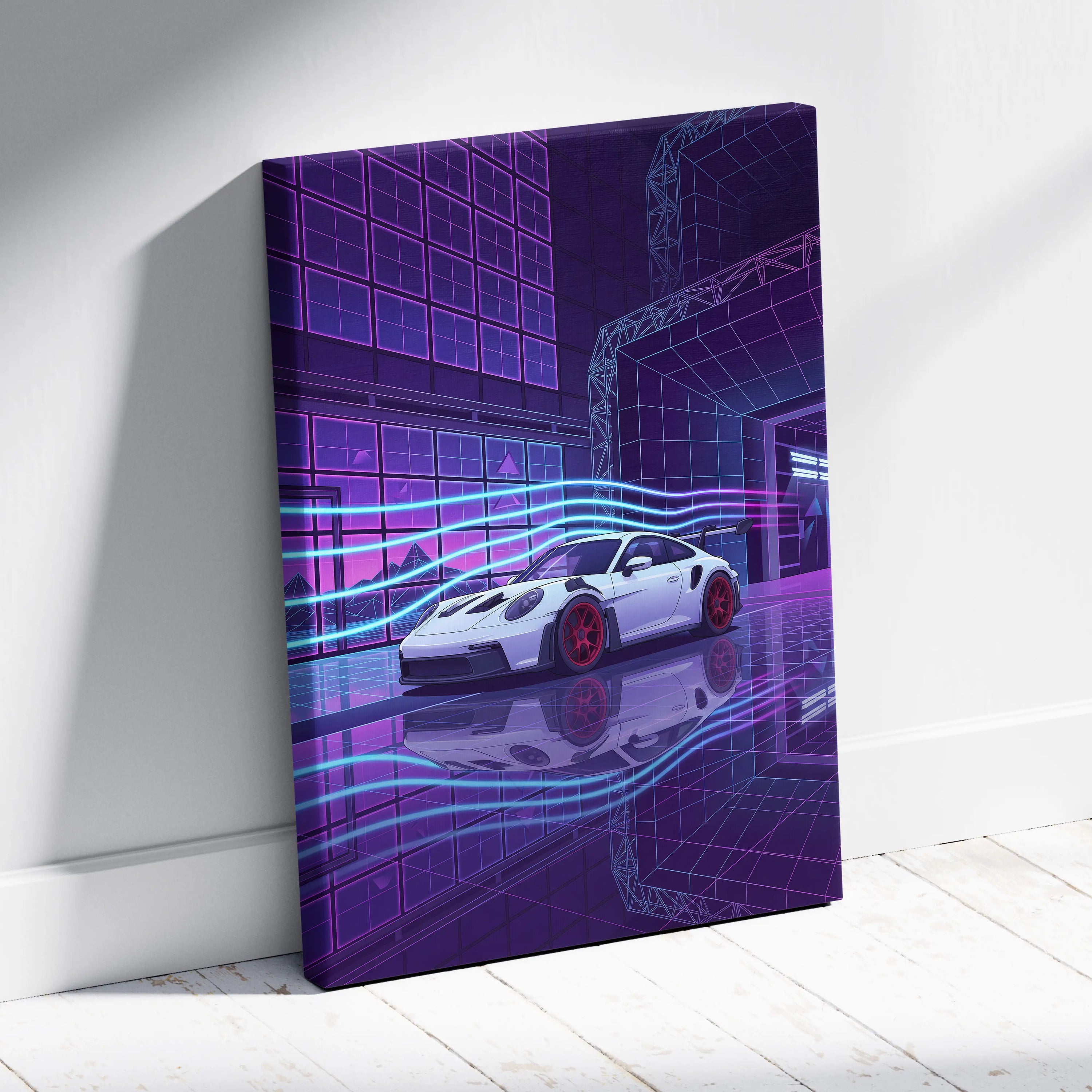 Porsche 911 GT3 RS Inspired White Purple Canvas Wall Art Vaporwave Neon City Sports Car Artwork, Cyberpunk Garage Decor