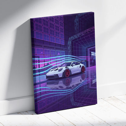Porsche 911 GT3 RS Inspired White Purple Canvas Wall Art Vaporwave Neon City Sports Car Artwork, Cyberpunk Garage Decor