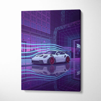 Porsche 911 GT3 RS Inspired White Purple Canvas Wall Art Vaporwave Neon City Sports Car Artwork, Cyberpunk Garage Decor