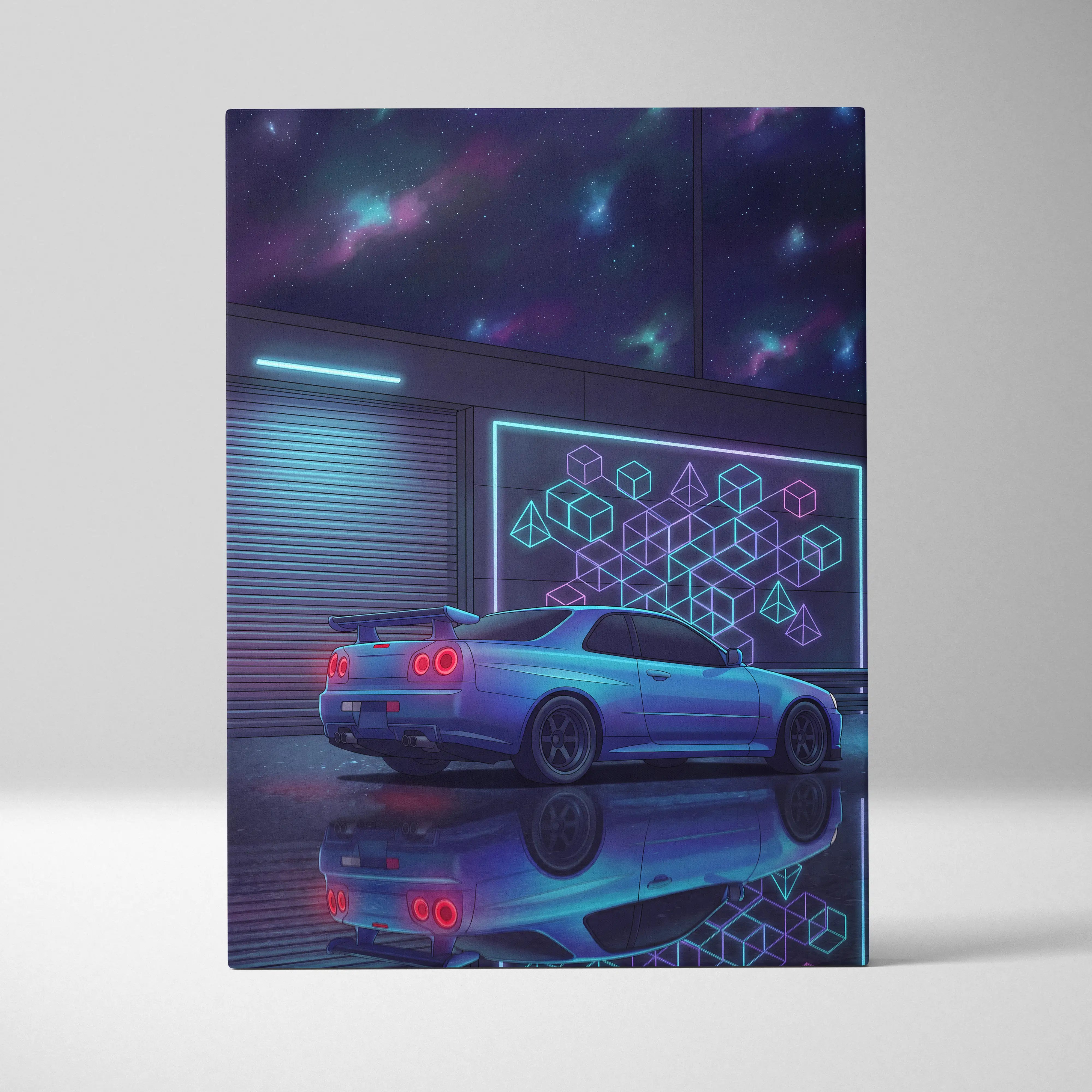 Nissan Skyline GT-R R34 Inspired Blue Purple Canvas Wall Art Vaporwave Neon Garage JDM Car Artwork, Cyberpunk Night Tuner Decor