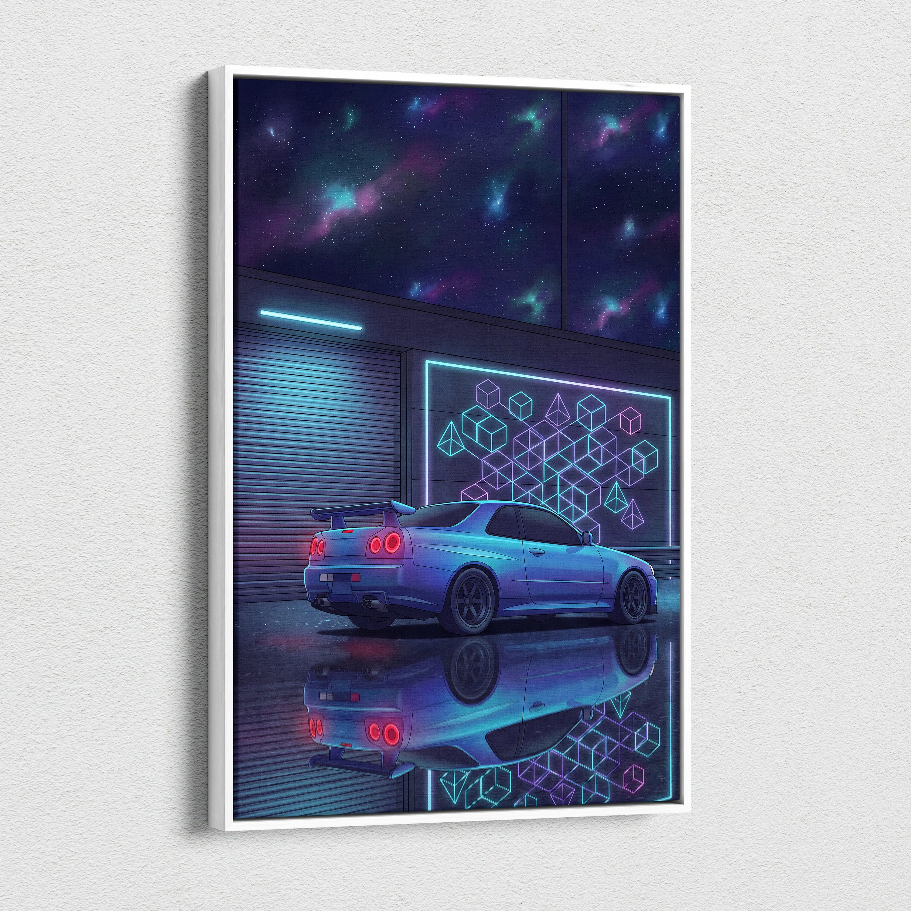 Nissan Skyline GT-R R34 Inspired Blue Purple Canvas Wall Art Vaporwave Neon Garage JDM Car Artwork, Cyberpunk Night Tuner Decor