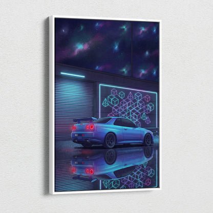 Nissan Skyline GT-R R34 Inspired Blue Purple Canvas Wall Art Vaporwave Neon Garage JDM Car Artwork, Cyberpunk Night Tuner Decor
