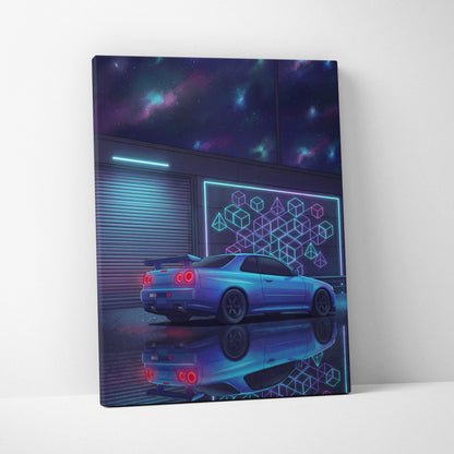 Nissan Skyline GT-R R34 Inspired Blue Purple Canvas Wall Art Vaporwave Neon Garage JDM Car Artwork, Cyberpunk Night Tuner Decor