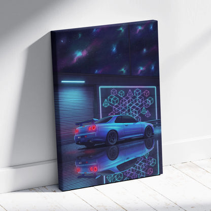 Nissan Skyline GT-R R34 Inspired Blue Purple Canvas Wall Art Vaporwave Neon Garage JDM Car Artwork, Cyberpunk Night Tuner Decor