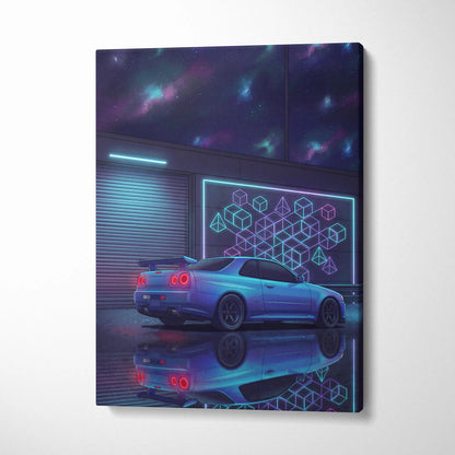 Nissan Skyline GT-R R34 Inspired Blue Purple Canvas Wall Art Vaporwave Neon Garage JDM Car Artwork, Cyberpunk Night Tuner Decor