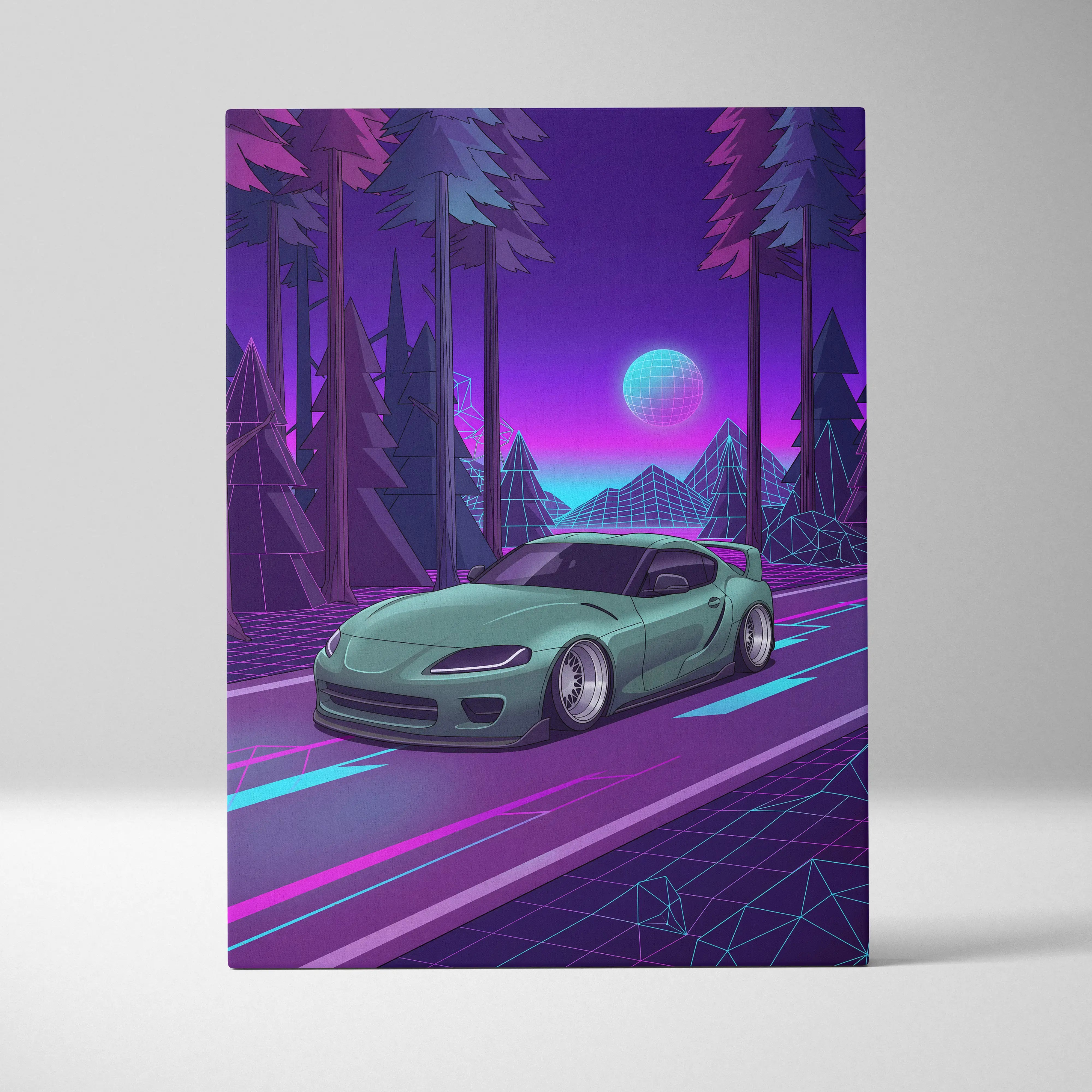 Toyota Supra MK5 Inspired Green Purple Canvas Wall Art Vaporwave Forest Road Car Artwork, Neon JDM Sports Car Garage Decor