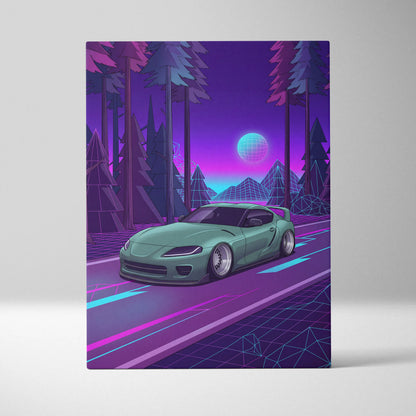 Toyota Supra MK5 Inspired Green Purple Canvas Wall Art Vaporwave Forest Road Car Artwork, Neon JDM Sports Car Garage Decor
