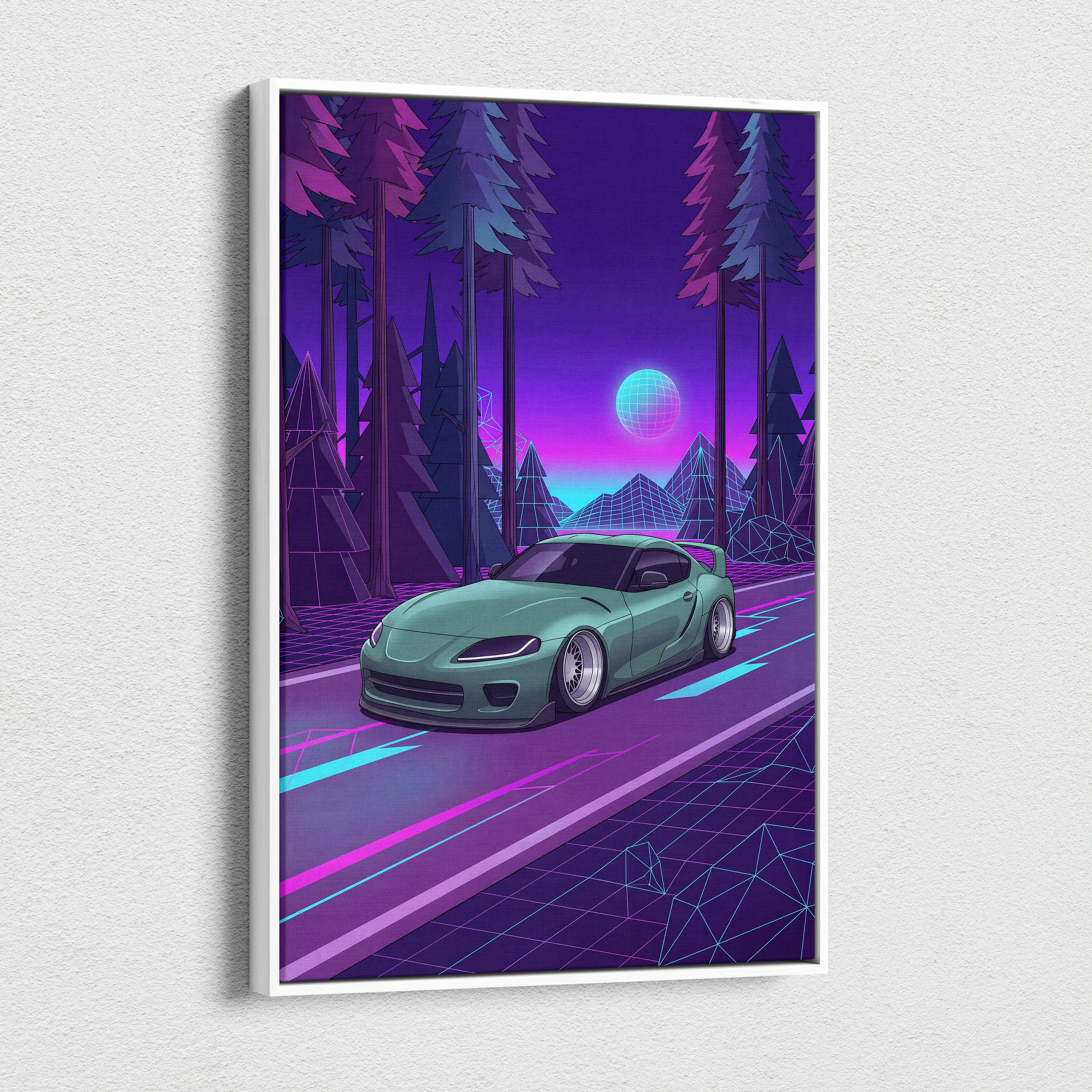 Toyota Supra MK5 Inspired Green Purple Canvas Wall Art Vaporwave Forest Road Car Artwork, Neon JDM Sports Car Garage Decor