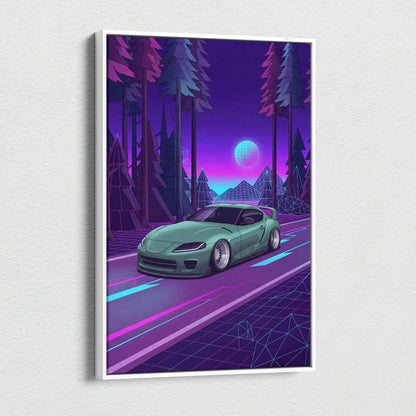 Toyota Supra MK5 Inspired Green Purple Canvas Wall Art Vaporwave Forest Road Car Artwork, Neon JDM Sports Car Garage Decor