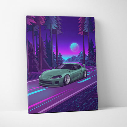Toyota Supra MK5 Inspired Green Purple Canvas Wall Art Vaporwave Forest Road Car Artwork, Neon JDM Sports Car Garage Decor