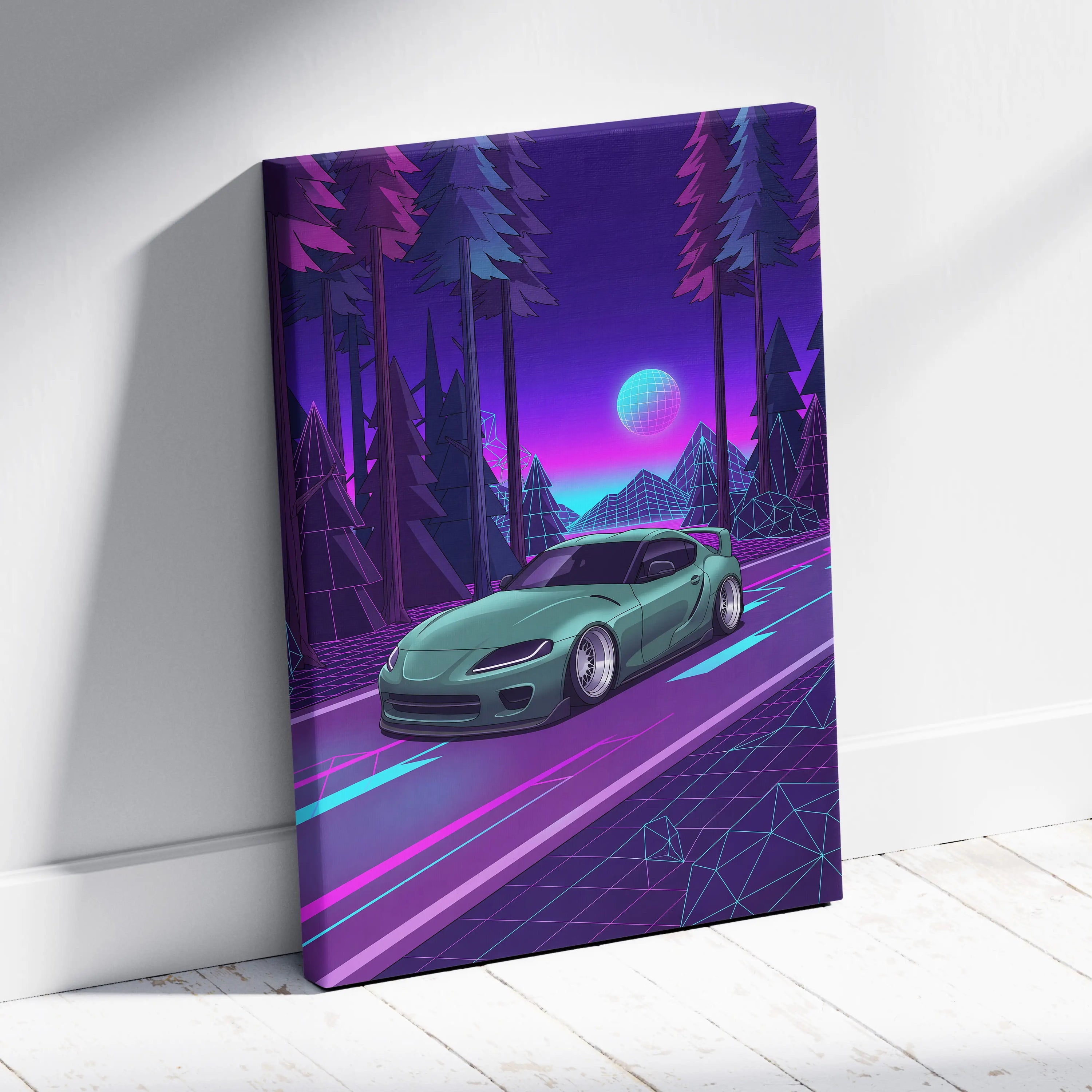 Toyota Supra MK5 Inspired Green Purple Canvas Wall Art Vaporwave Forest Road Car Artwork, Neon JDM Sports Car Garage Decor