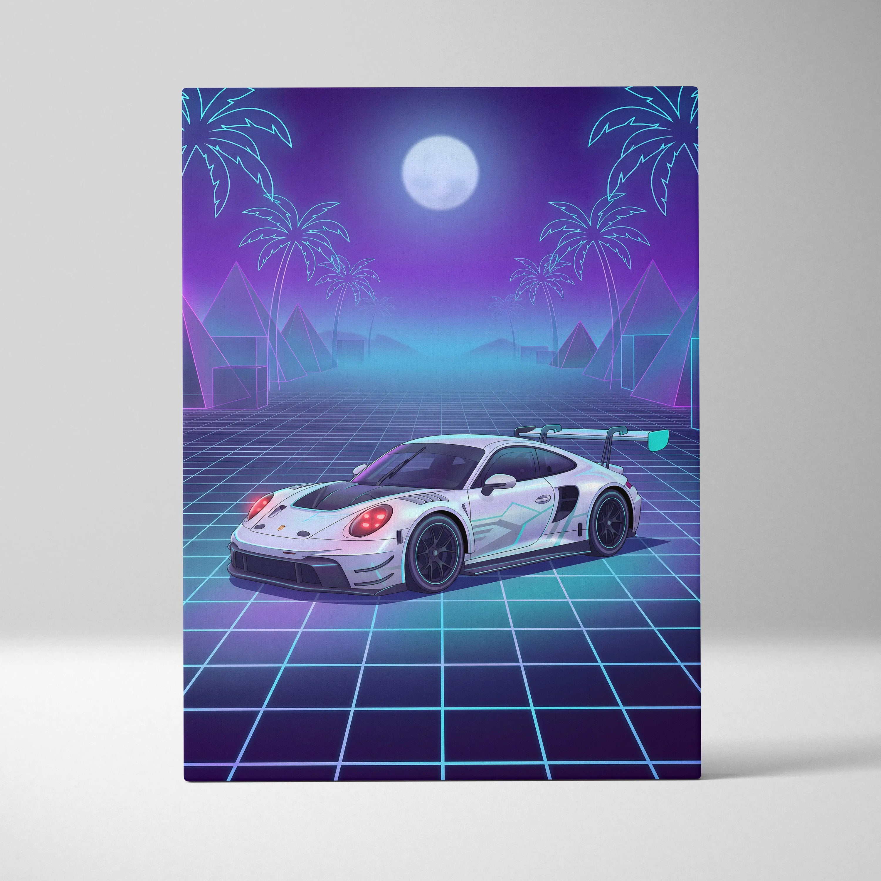 Porsche 911 GT3 RS Inspired White Purple Canvas Wall Art Vaporwave Neon Grid Sports Car Artwork, Moonlit Palm Garage Decor