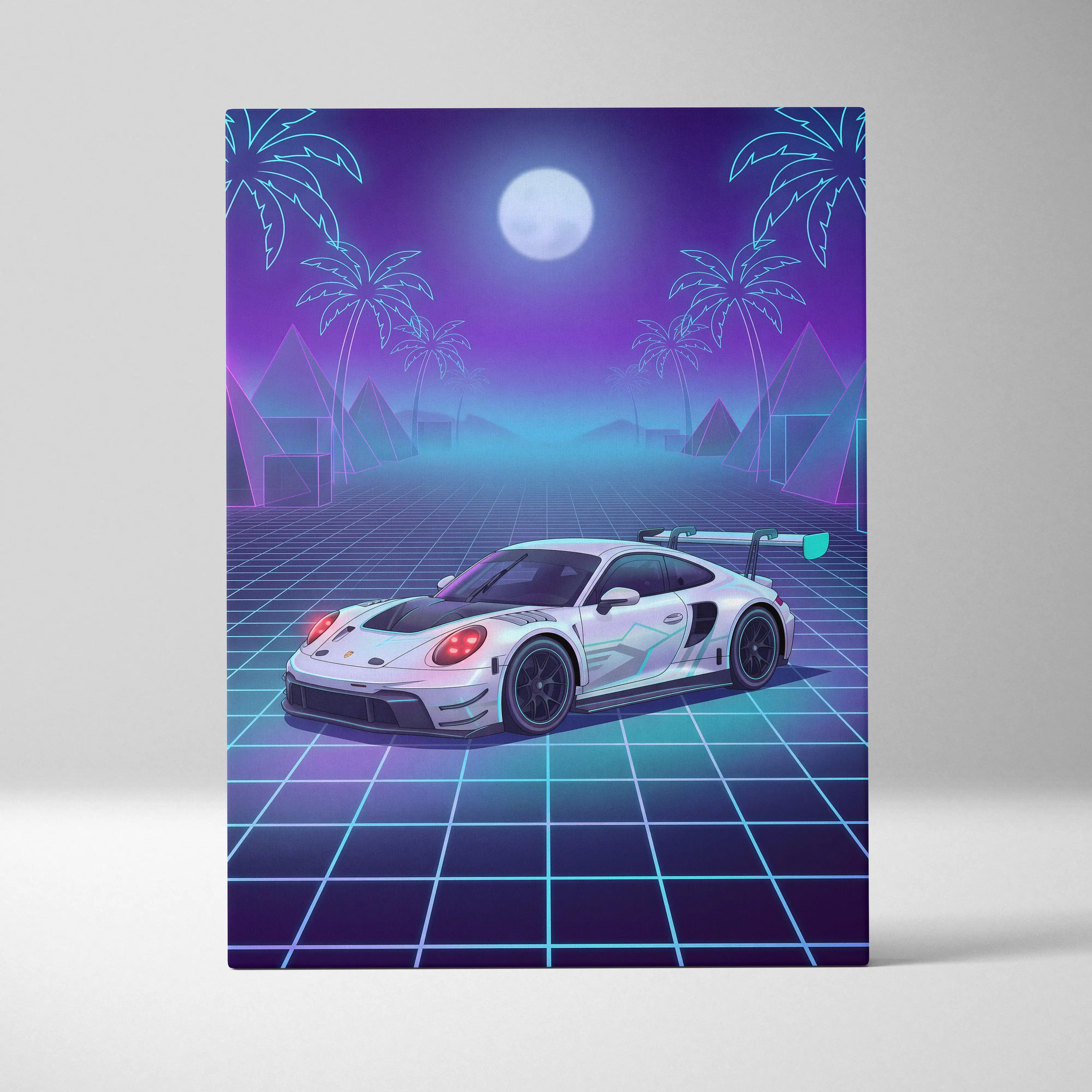 Porsche 911 GT3 RS Inspired White Purple Canvas Wall Art Vaporwave Neon Grid Sports Car Artwork, Moonlit Palm Garage Decor