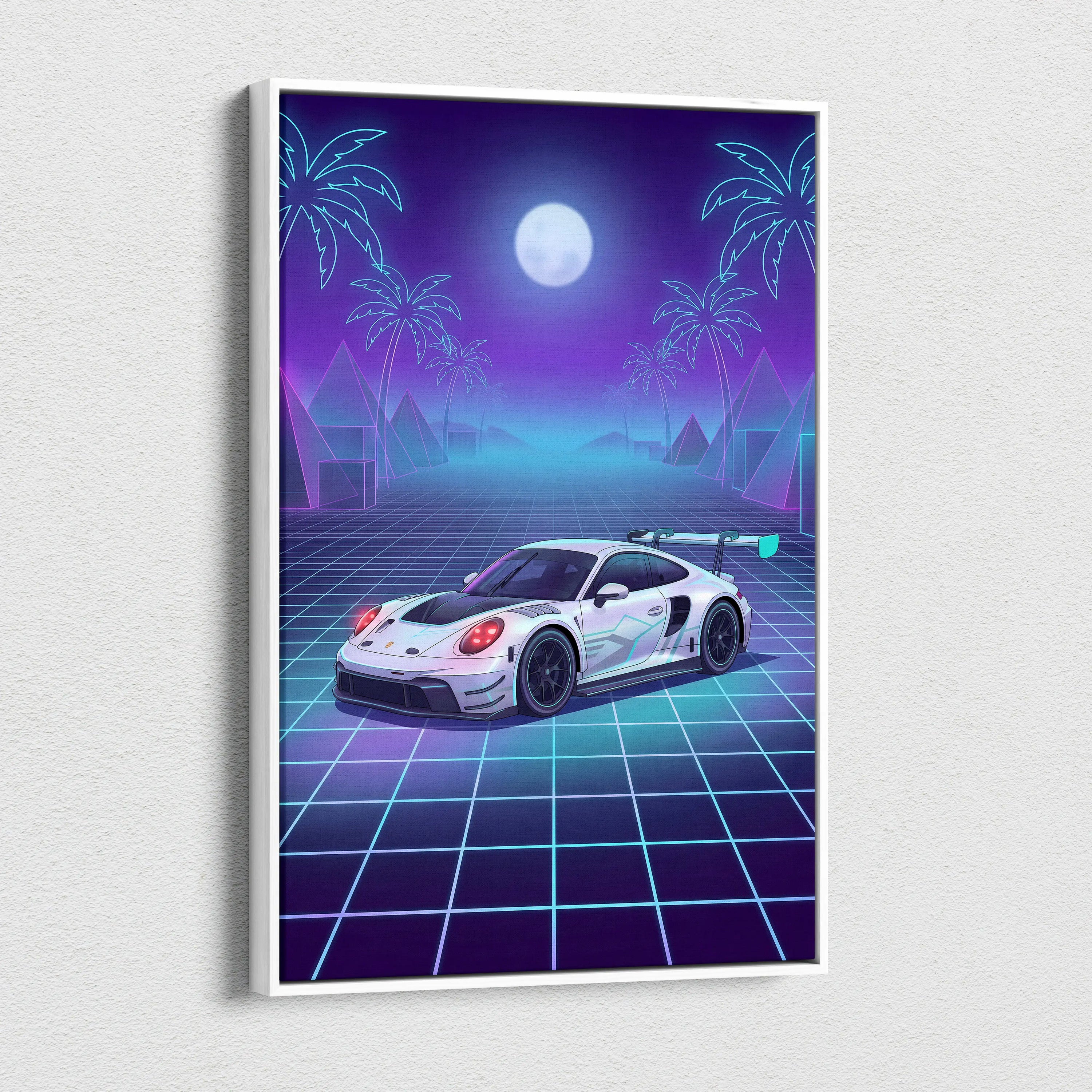Porsche 911 GT3 RS Inspired White Purple Canvas Wall Art Vaporwave Neon Grid Sports Car Artwork, Moonlit Palm Garage Decor