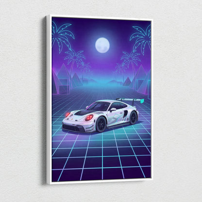Porsche 911 GT3 RS Inspired White Purple Canvas Wall Art Vaporwave Neon Grid Sports Car Artwork, Moonlit Palm Garage Decor