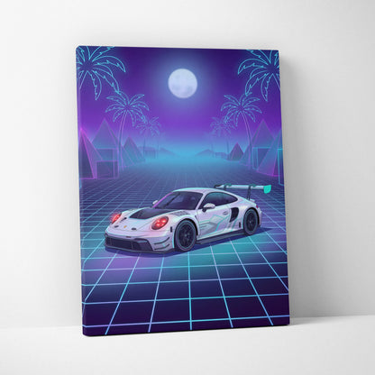 Porsche 911 GT3 RS Inspired White Purple Canvas Wall Art Vaporwave Neon Grid Sports Car Artwork, Moonlit Palm Garage Decor
