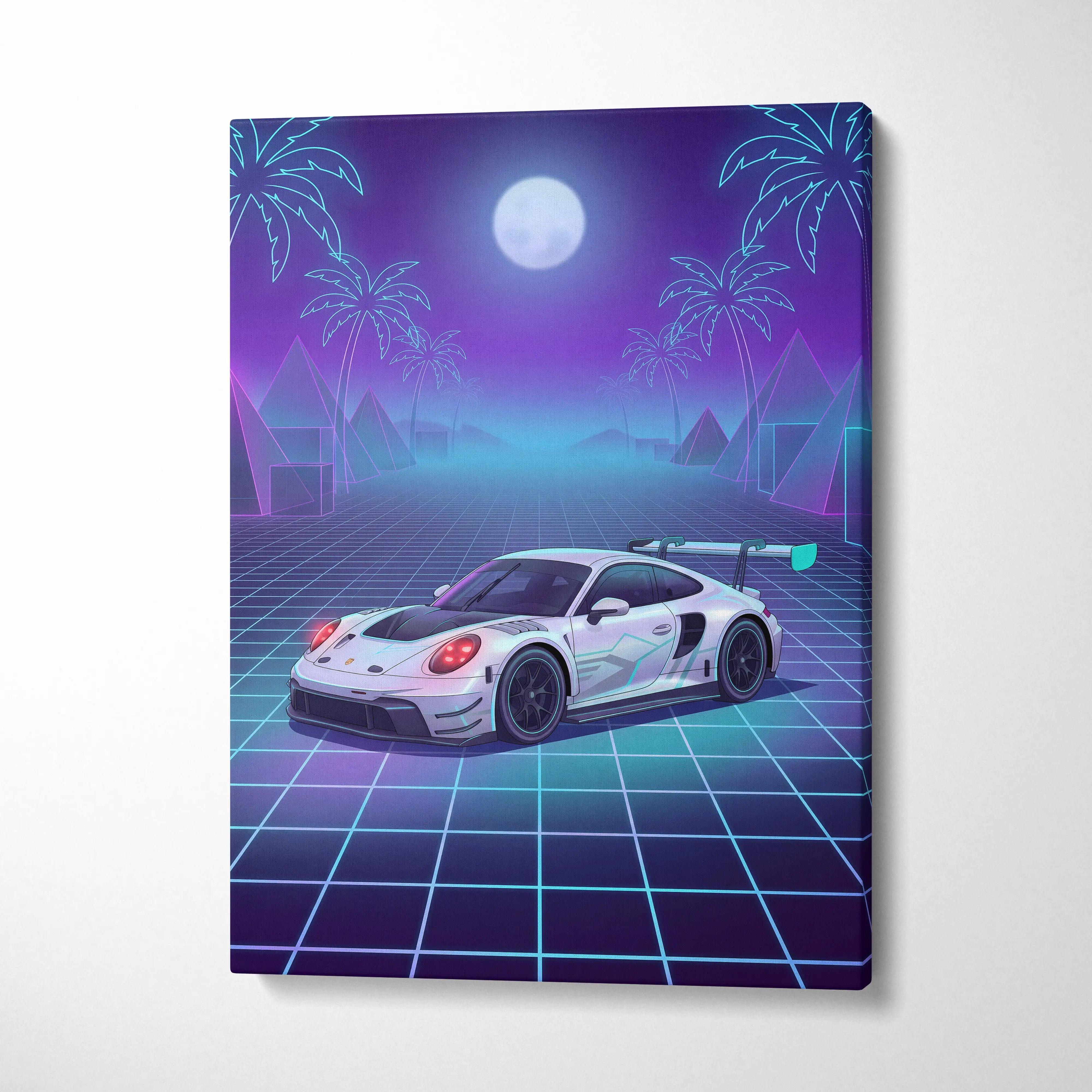 Porsche 911 GT3 RS Inspired White Purple Canvas Wall Art Vaporwave Neon Grid Sports Car Artwork, Moonlit Palm Garage Decor
