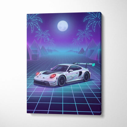 Porsche 911 GT3 RS Inspired White Purple Canvas Wall Art Vaporwave Neon Grid Sports Car Artwork, Moonlit Palm Garage Decor