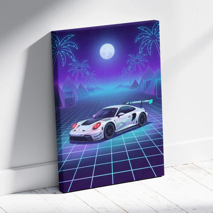 Porsche 911 GT3 RS Inspired White Purple Canvas Wall Art Vaporwave Neon Grid Sports Car Artwork, Moonlit Palm Garage Decor