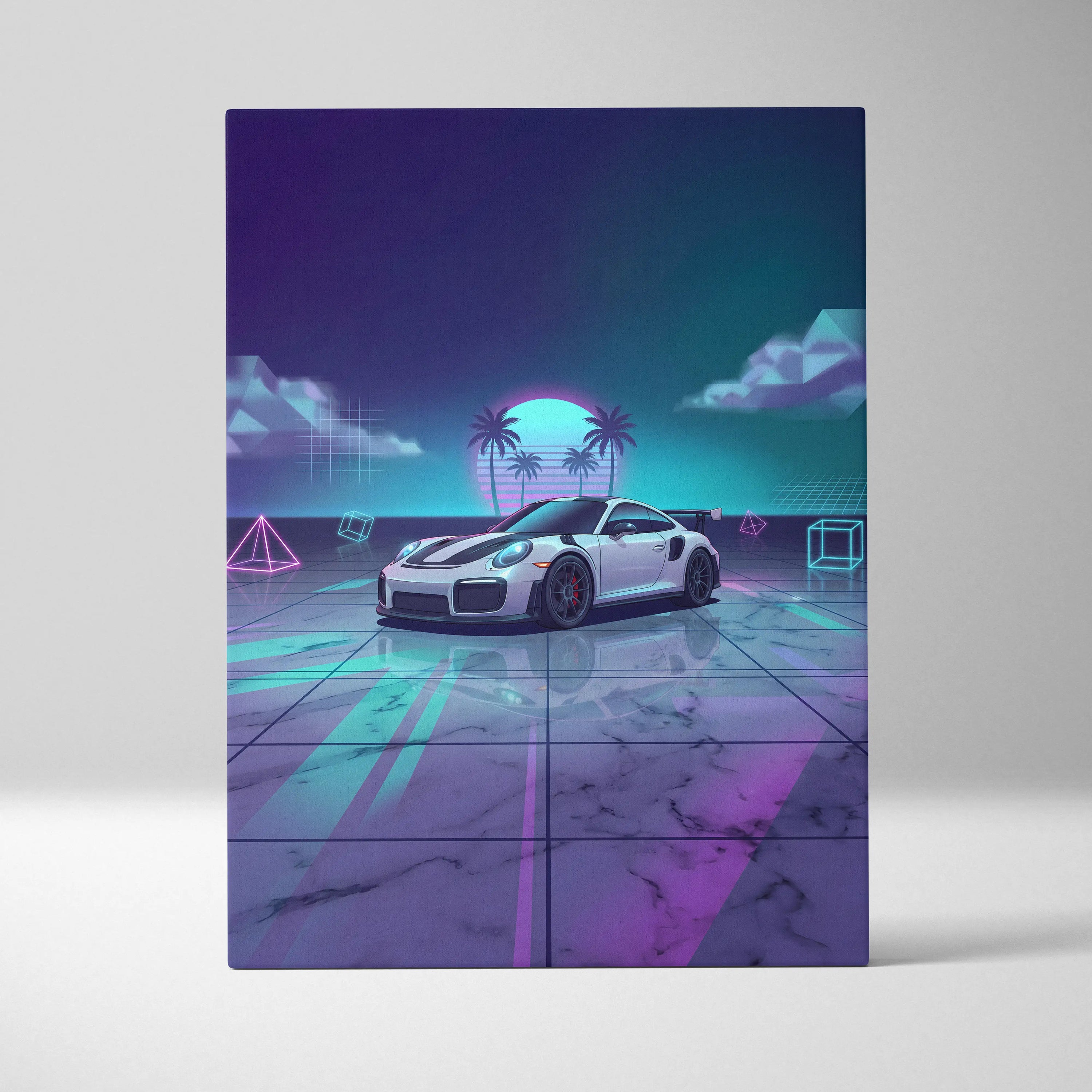 Porsche 911 GT3 RS Inspired White Purple Canvas Wall Art Vaporwave Neon Palm Sports Car Artwork, Dreamy Retro Garage Decor