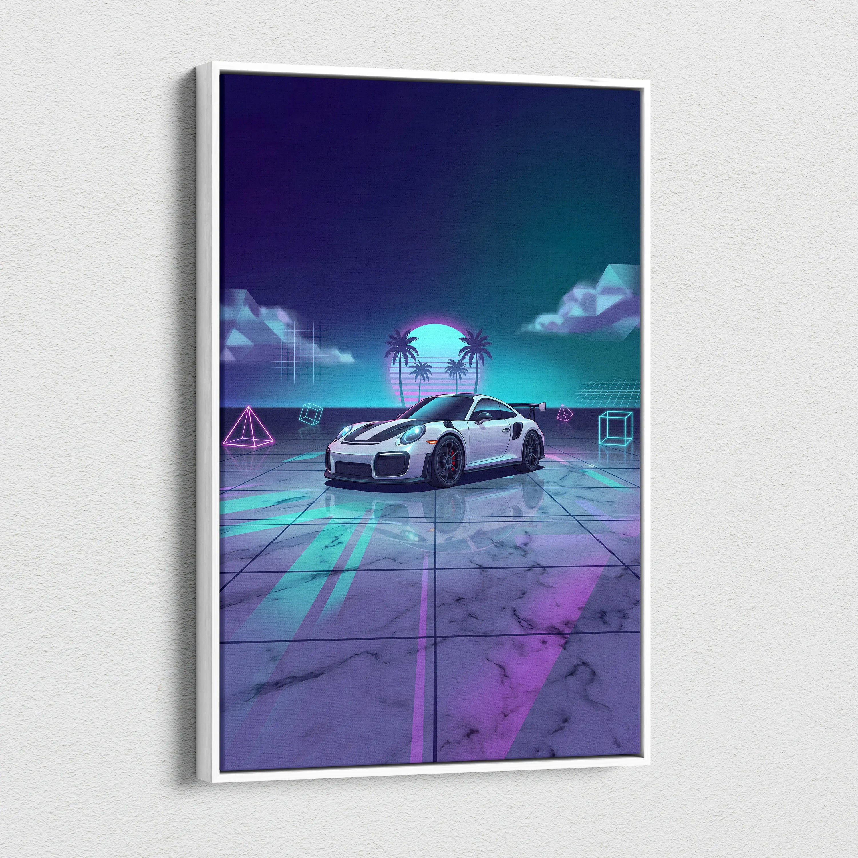 Porsche 911 GT3 RS Inspired White Purple Canvas Wall Art Vaporwave Neon Palm Sports Car Artwork, Dreamy Retro Garage Decor