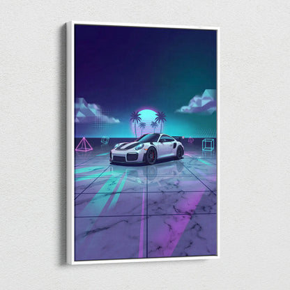 Porsche 911 GT3 RS Inspired White Purple Canvas Wall Art Vaporwave Neon Palm Sports Car Artwork, Dreamy Retro Garage Decor