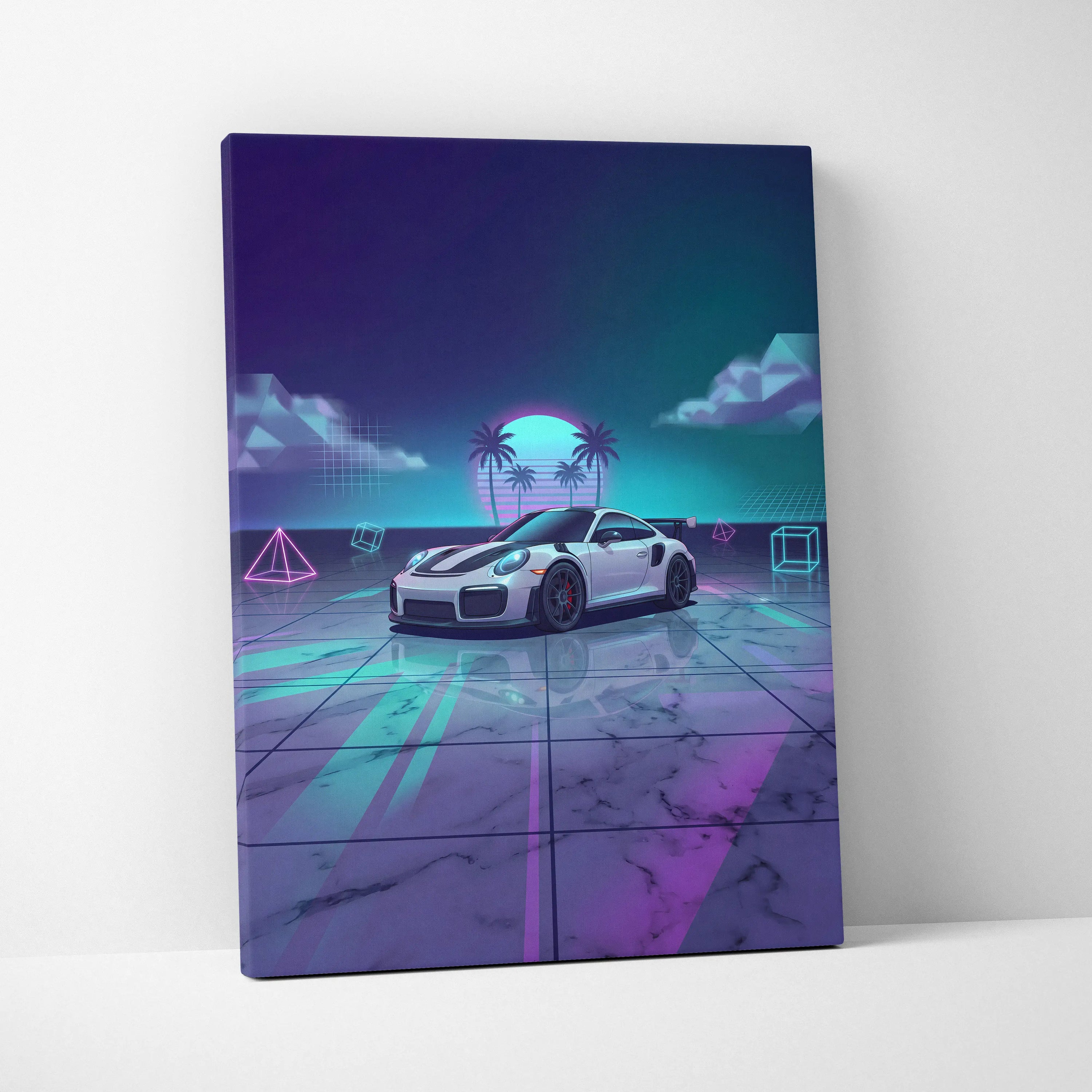 Porsche 911 GT3 RS Inspired White Purple Canvas Wall Art Vaporwave Neon Palm Sports Car Artwork, Dreamy Retro Garage Decor