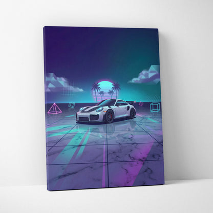 Porsche 911 GT3 RS Inspired White Purple Canvas Wall Art Vaporwave Neon Palm Sports Car Artwork, Dreamy Retro Garage Decor