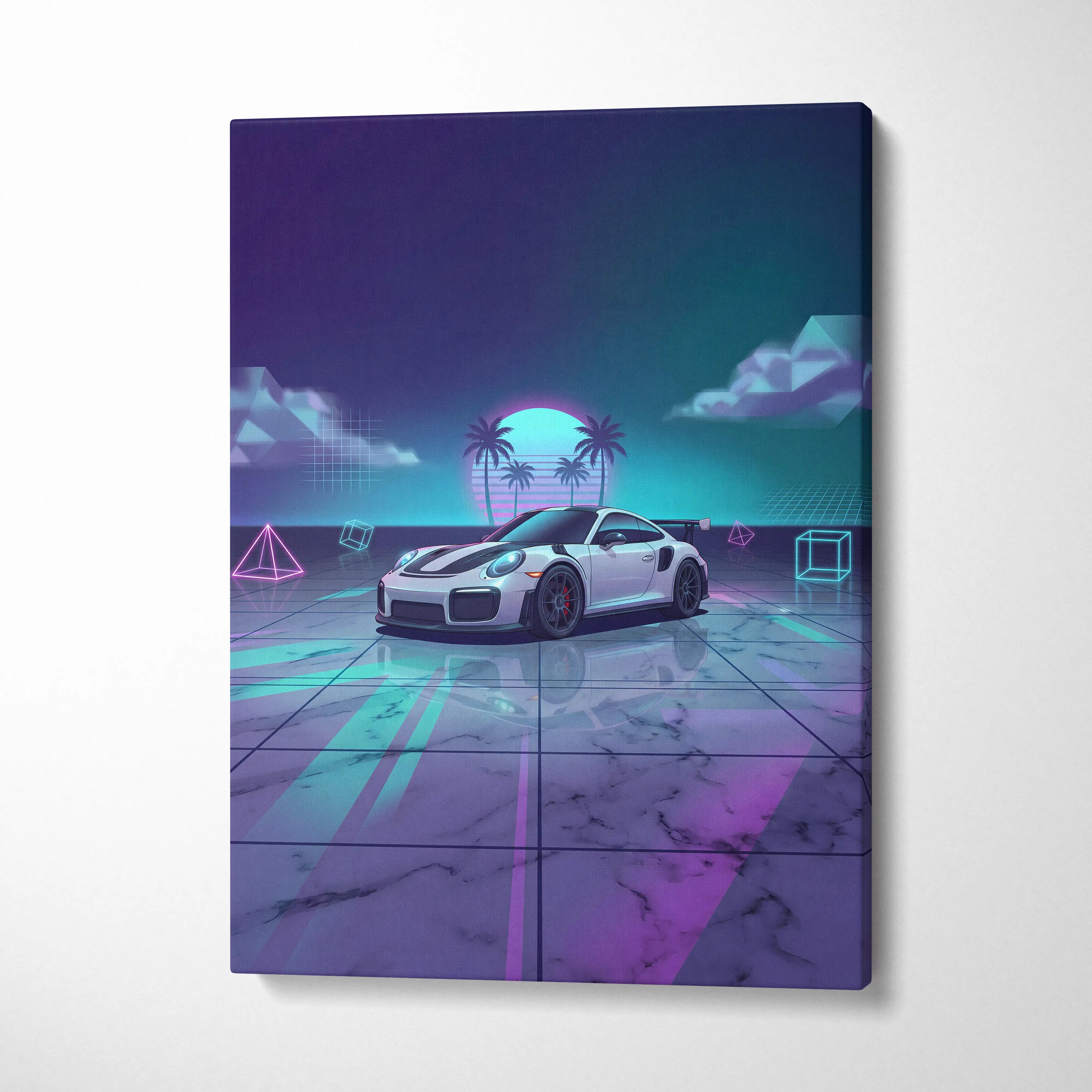 Porsche 911 GT3 RS Inspired White Purple Canvas Wall Art Vaporwave Neon Palm Sports Car Artwork, Dreamy Retro Garage Decor
