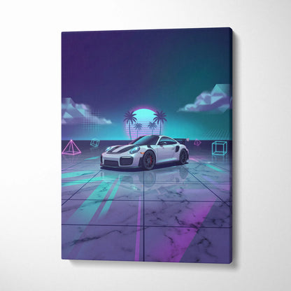 Porsche 911 GT3 RS Inspired White Purple Canvas Wall Art Vaporwave Neon Palm Sports Car Artwork, Dreamy Retro Garage Decor