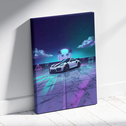 Porsche 911 GT3 RS Inspired White Purple Canvas Wall Art Vaporwave Neon Palm Sports Car Artwork, Dreamy Retro Garage Decor