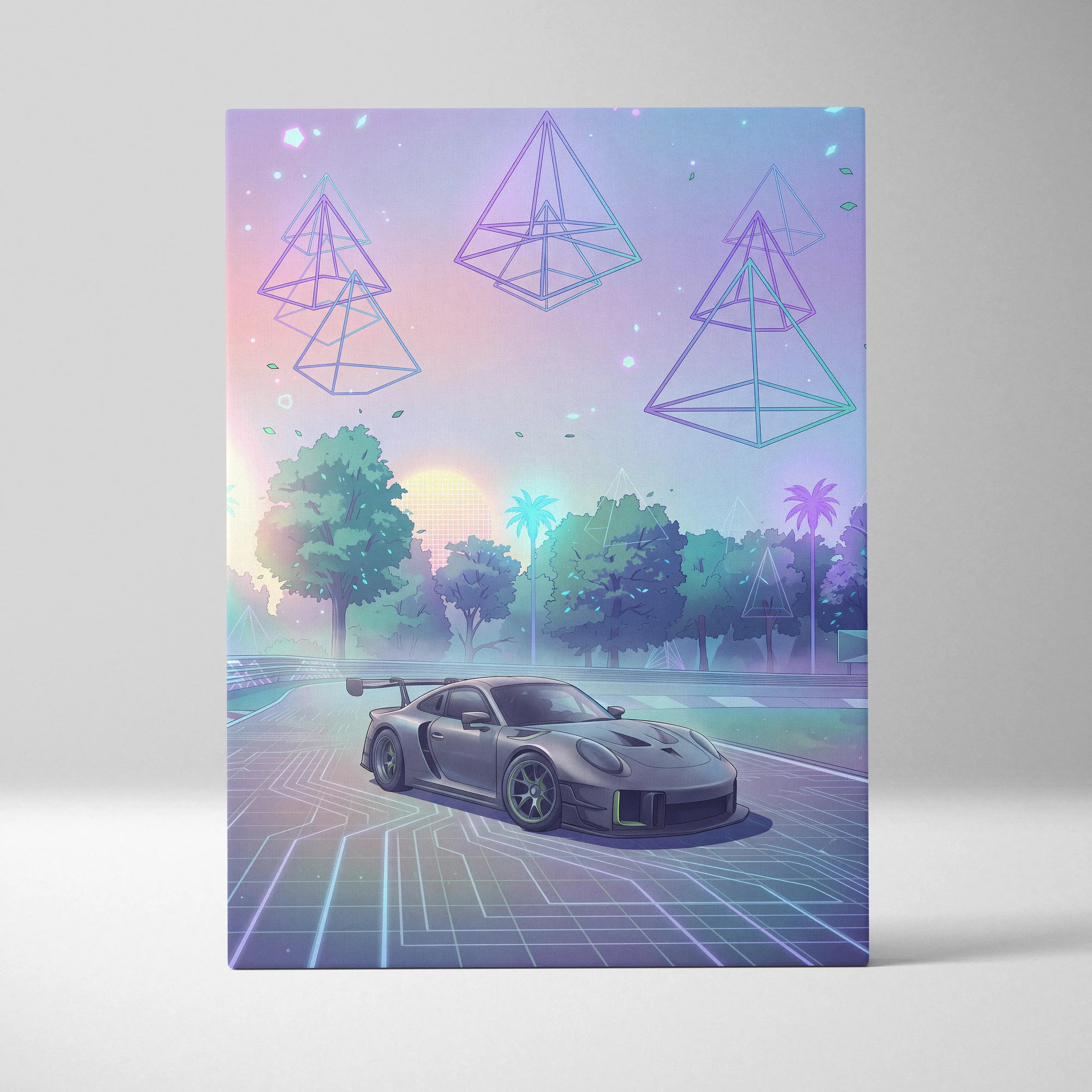Porsche 911 GT3 RS Inspired Gray Pastel Canvas Wall Art Vaporwave Forest Road Car Artwork, Dreamy Neon Garage Decor