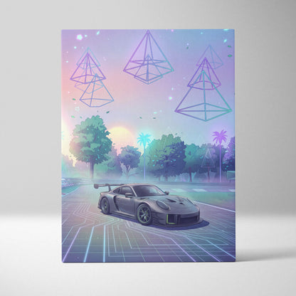 Porsche 911 GT3 RS Inspired Gray Pastel Canvas Wall Art Vaporwave Forest Road Car Artwork, Dreamy Neon Garage Decor