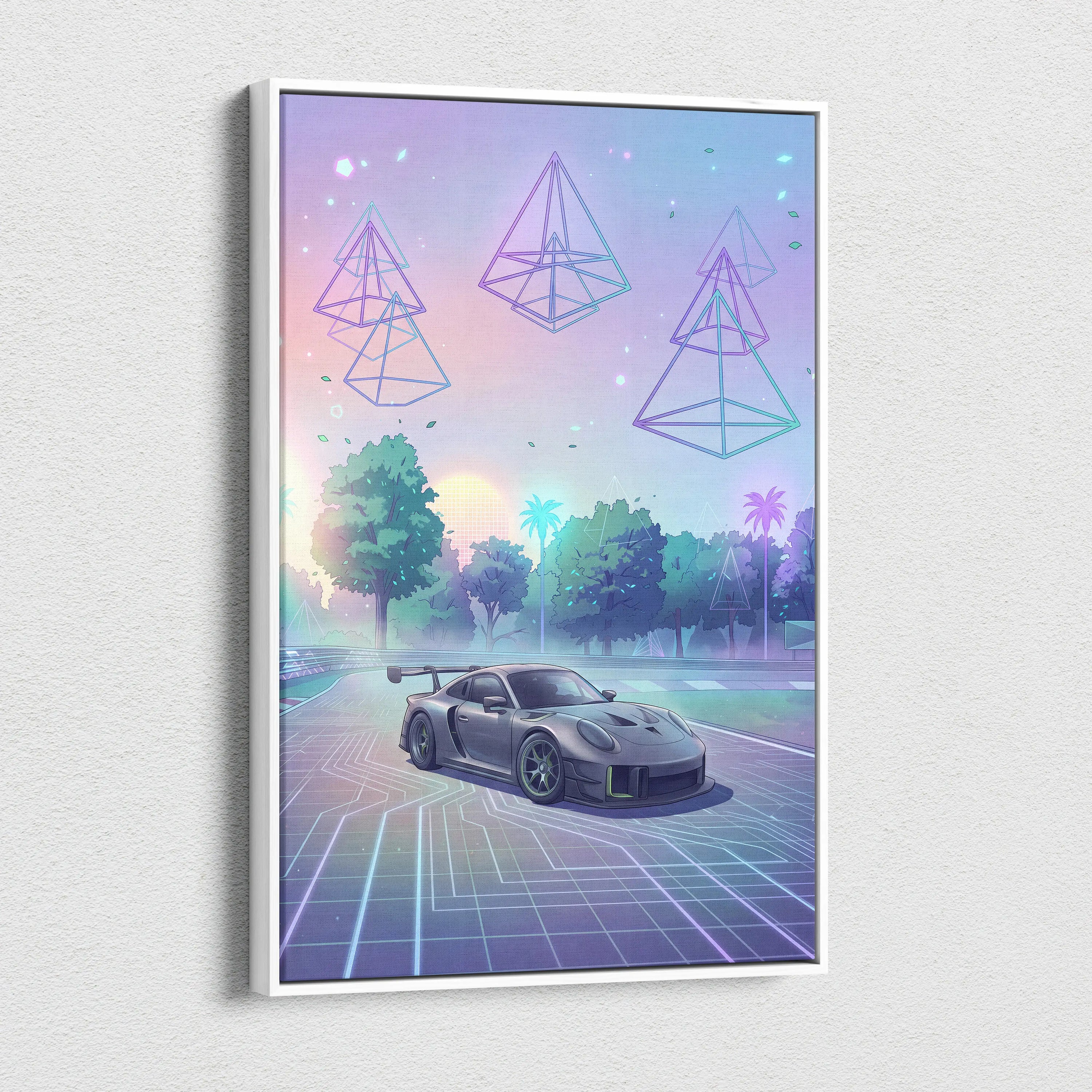 Porsche 911 GT3 RS Inspired Gray Pastel Canvas Wall Art Vaporwave Forest Road Car Artwork, Dreamy Neon Garage Decor