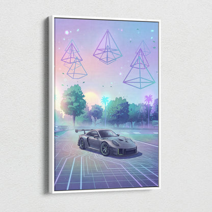Porsche 911 GT3 RS Inspired Gray Pastel Canvas Wall Art Vaporwave Forest Road Car Artwork, Dreamy Neon Garage Decor