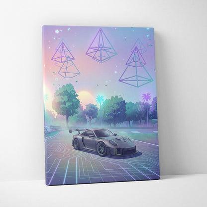 Porsche 911 GT3 RS Inspired Gray Pastel Canvas Wall Art Vaporwave Forest Road Car Artwork, Dreamy Neon Garage Decor