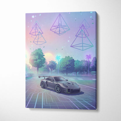 Porsche 911 GT3 RS Inspired Gray Pastel Canvas Wall Art Vaporwave Forest Road Car Artwork, Dreamy Neon Garage Decor