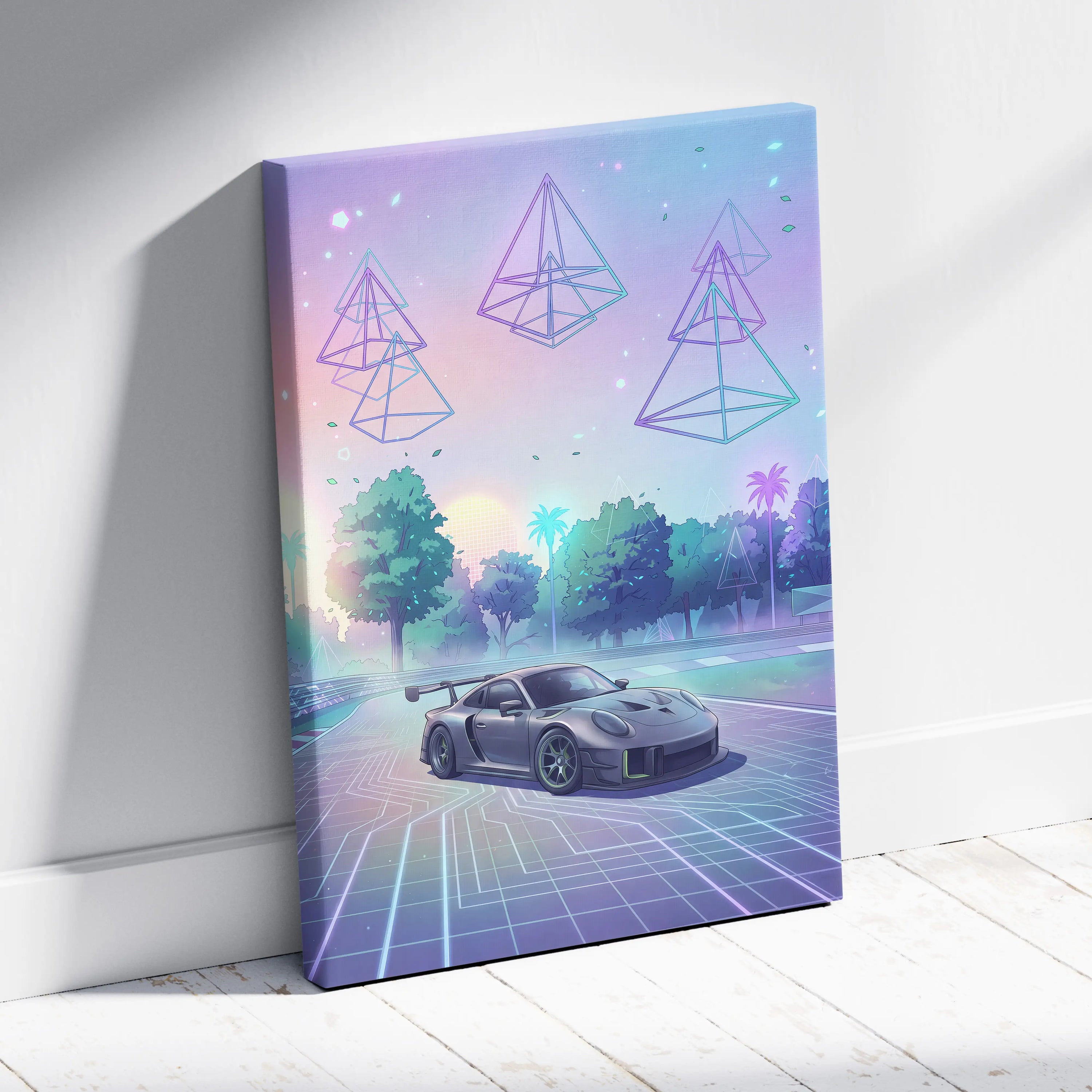 Porsche 911 GT3 RS Inspired Gray Pastel Canvas Wall Art Vaporwave Forest Road Car Artwork, Dreamy Neon Garage Decor