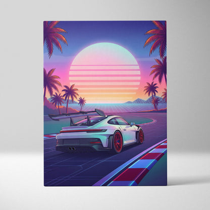 Porsche 911 GT3 RS Inspired White Pink Canvas Wall Art Vaporwave Sunset Race Track Car Artwork, Tropical Neon Garage Decor