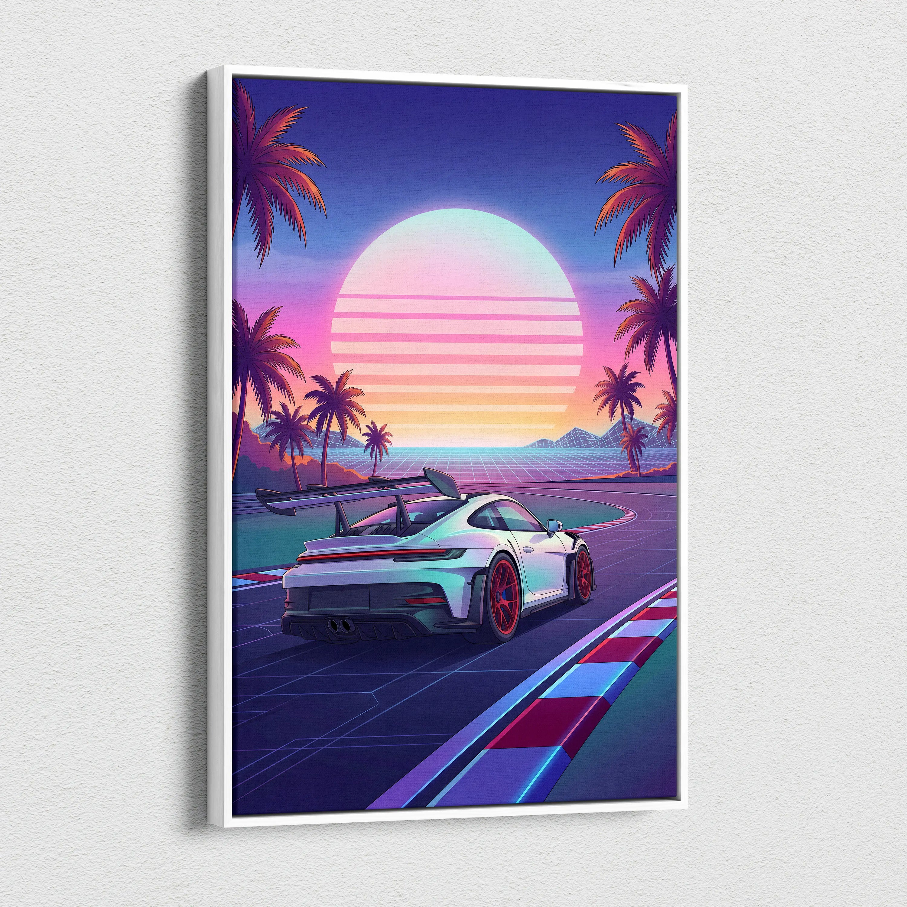 Porsche 911 GT3 RS Inspired White Pink Canvas Wall Art Vaporwave Sunset Race Track Car Artwork, Tropical Neon Garage Decor