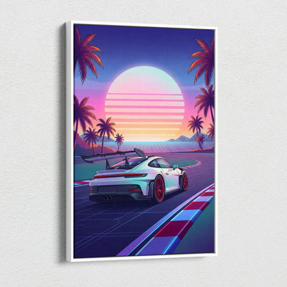 Porsche 911 GT3 RS Inspired White Pink Canvas Wall Art Vaporwave Sunset Race Track Car Artwork, Tropical Neon Garage Decor