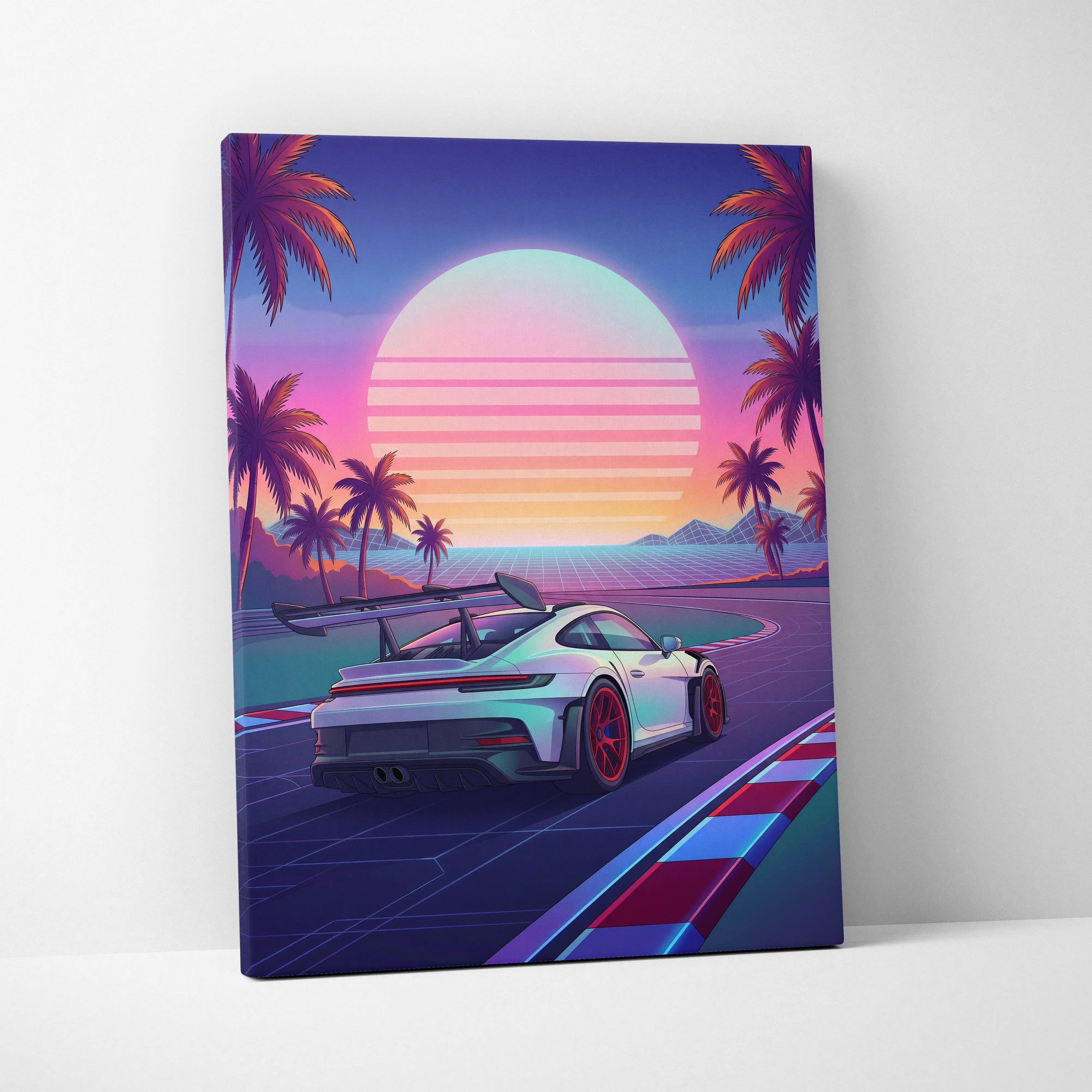 Porsche 911 GT3 RS Inspired White Pink Canvas Wall Art Vaporwave Sunset Race Track Car Artwork, Tropical Neon Garage Decor