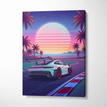 Porsche 911 GT3 RS Inspired White Pink Canvas Wall Art Vaporwave Sunset Race Track Car Artwork, Tropical Neon Garage Decor