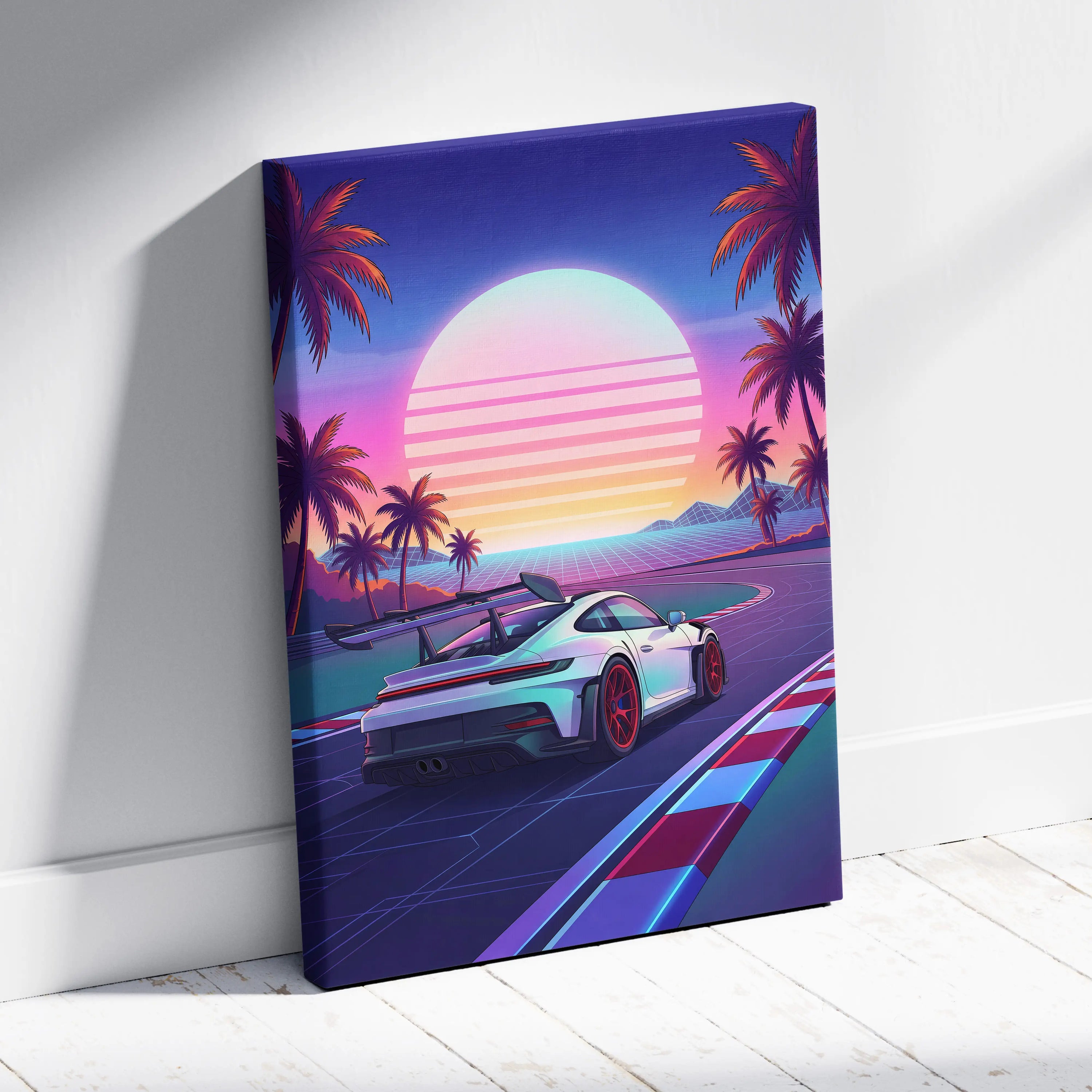 Porsche 911 GT3 RS Inspired White Pink Canvas Wall Art Vaporwave Sunset Race Track Car Artwork, Tropical Neon Garage Decor