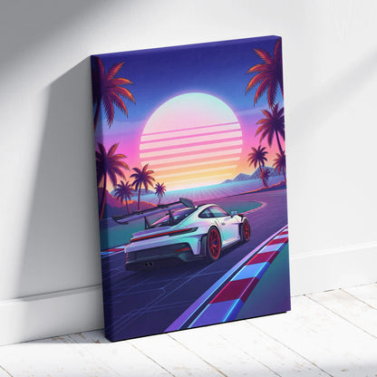 Porsche 911 GT3 RS Inspired White Pink Canvas Wall Art Vaporwave Sunset Race Track Car Artwork, Tropical Neon Garage Decor