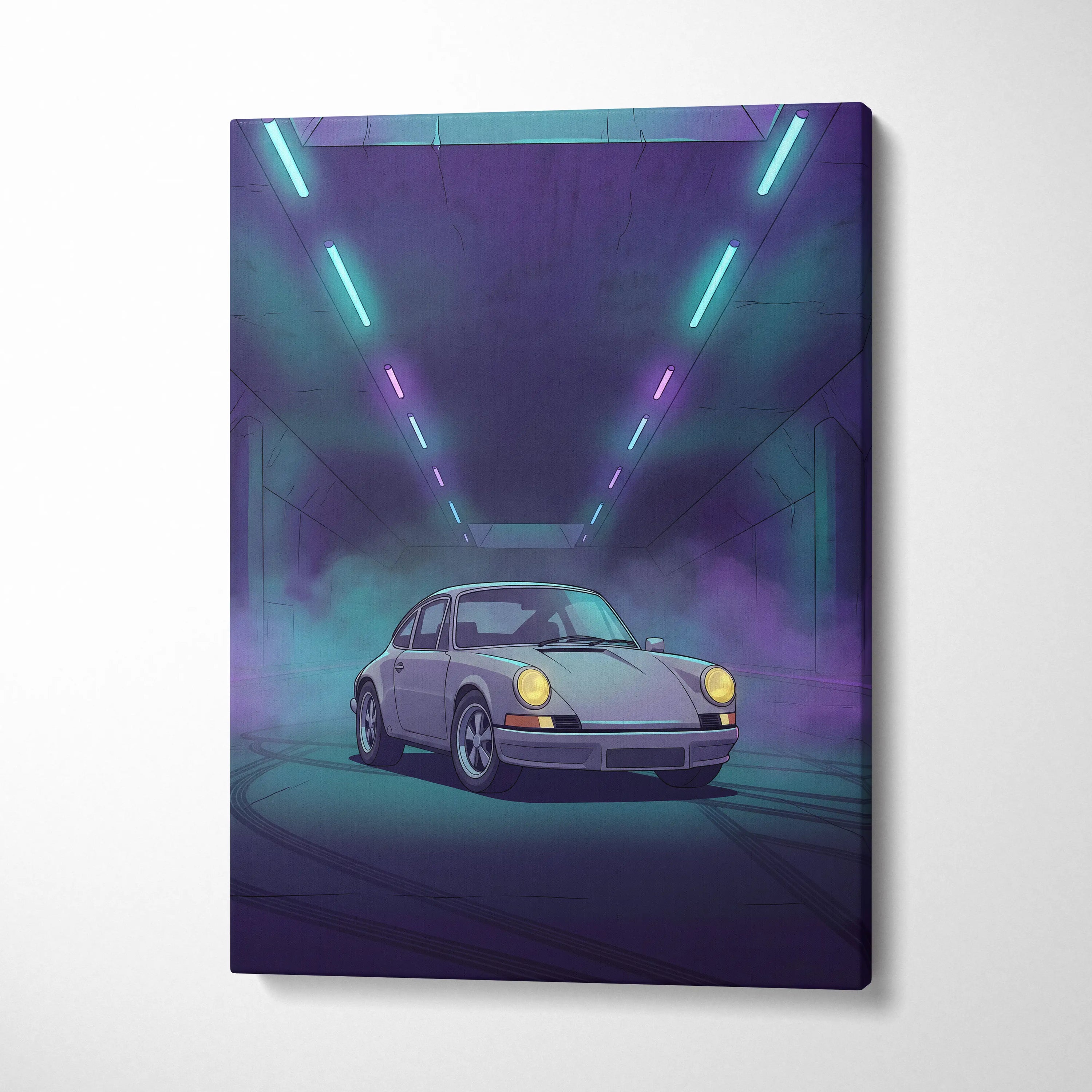 Porsche 911 Classic Inspired Silver Purple Canvas Wall Art, Vaporwave Classic Sports Car Artwork, Neon Tunnel Garage Decor, Retro Auto Print