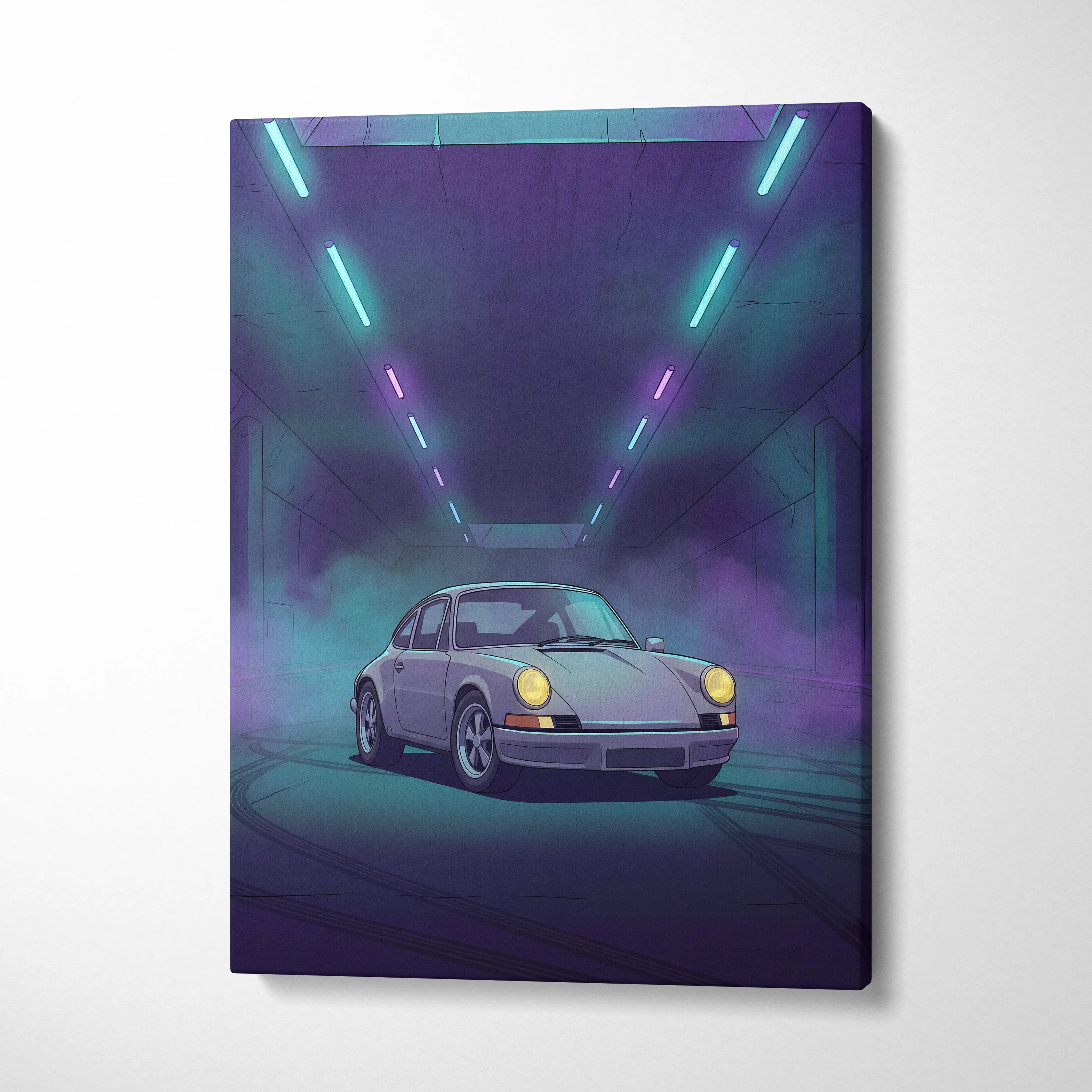 Porsche 911 Classic Inspired Silver Purple Canvas Wall Art, Vaporwave Classic Sports Car Artwork, Neon Tunnel Garage Decor, Retro Auto Print