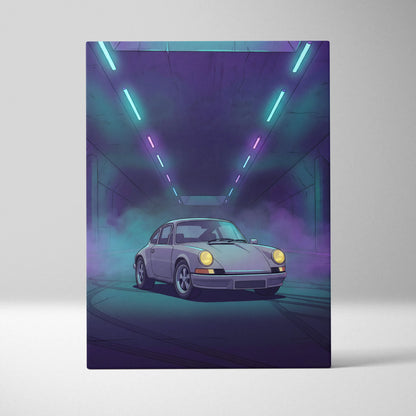 Porsche 911 Classic Inspired Silver Purple Canvas Wall Art, Vaporwave Classic Sports Car Artwork, Neon Tunnel Garage Decor, Retro Auto Print