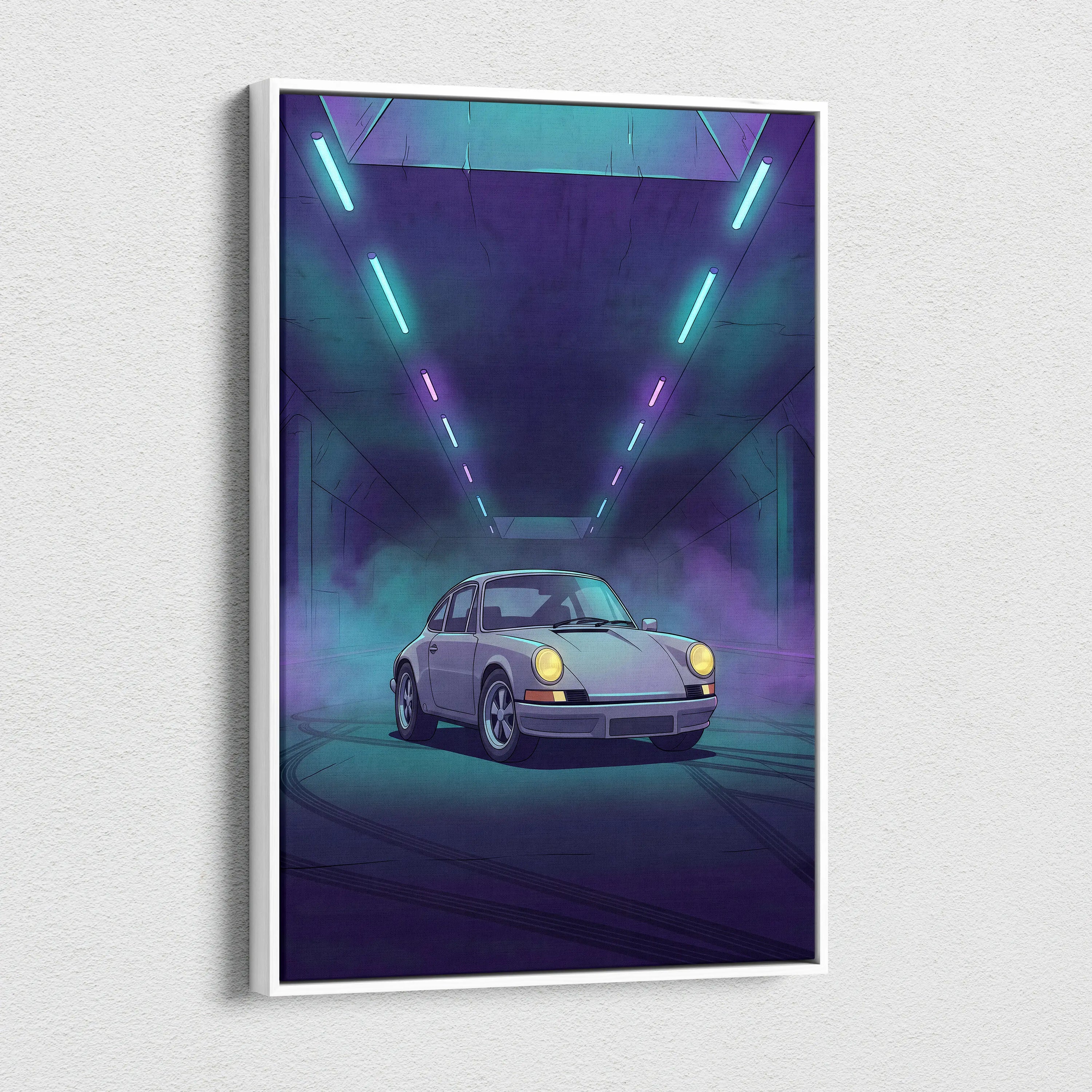Porsche 911 Classic Inspired Silver Purple Canvas Wall Art, Vaporwave Classic Sports Car Artwork, Neon Tunnel Garage Decor, Retro Auto Print