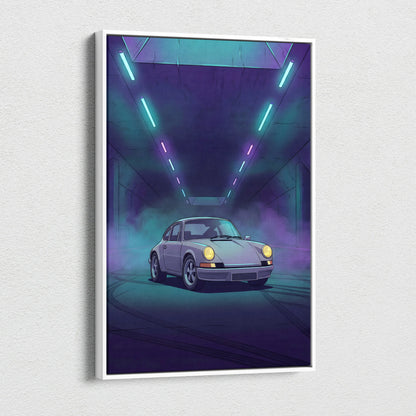 Porsche 911 Classic Inspired Silver Purple Canvas Wall Art, Vaporwave Classic Sports Car Artwork, Neon Tunnel Garage Decor, Retro Auto Print